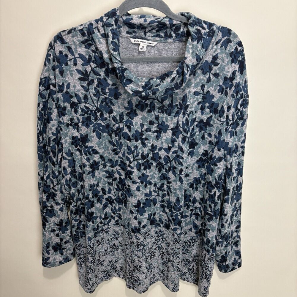 Zac and Rachel Womens 2x Tunic Top Cowl Neck Long Sleeve Blue Gray Mixed Floral